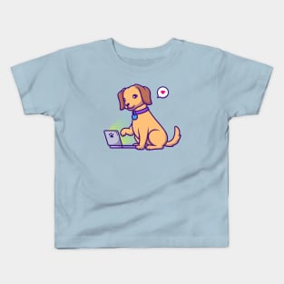 Cute Dog Playing Laptop Cartoon Kids T-Shirt